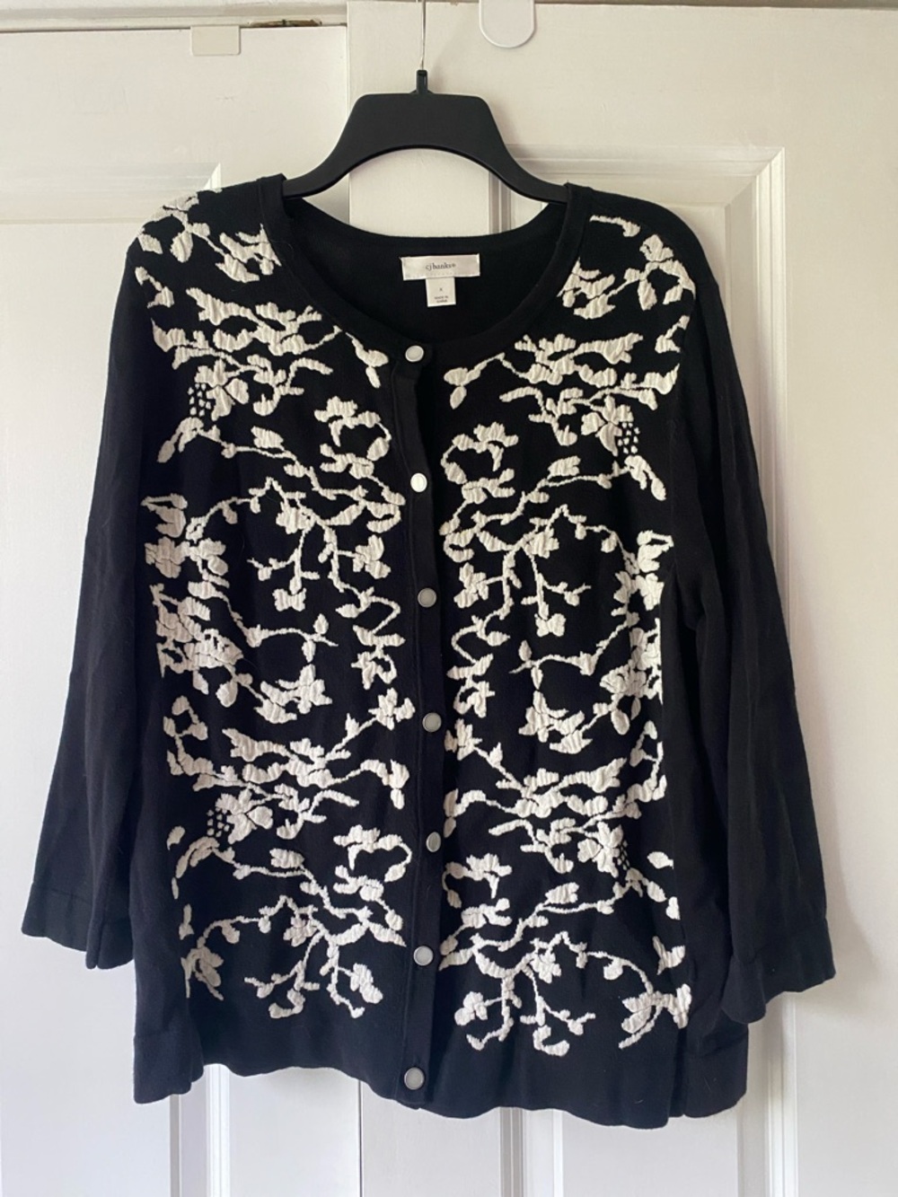 Cj banks Black Cardigan with White Floral Embroidery